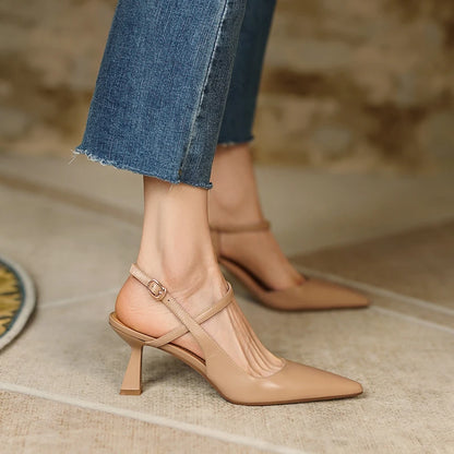 Fashion Slingbacks Women Pumps Spring Summer Office Ladies Party Prom Genuine Leather Pointed Toe High Heels Shoes Woman Sandals