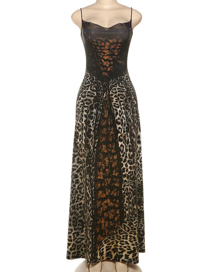 kliou Suspendency Maxi Dress Women Leopard Panelled Draped Backless Lace Up Sheath Long Robe Female Classic Party Club Vestidos