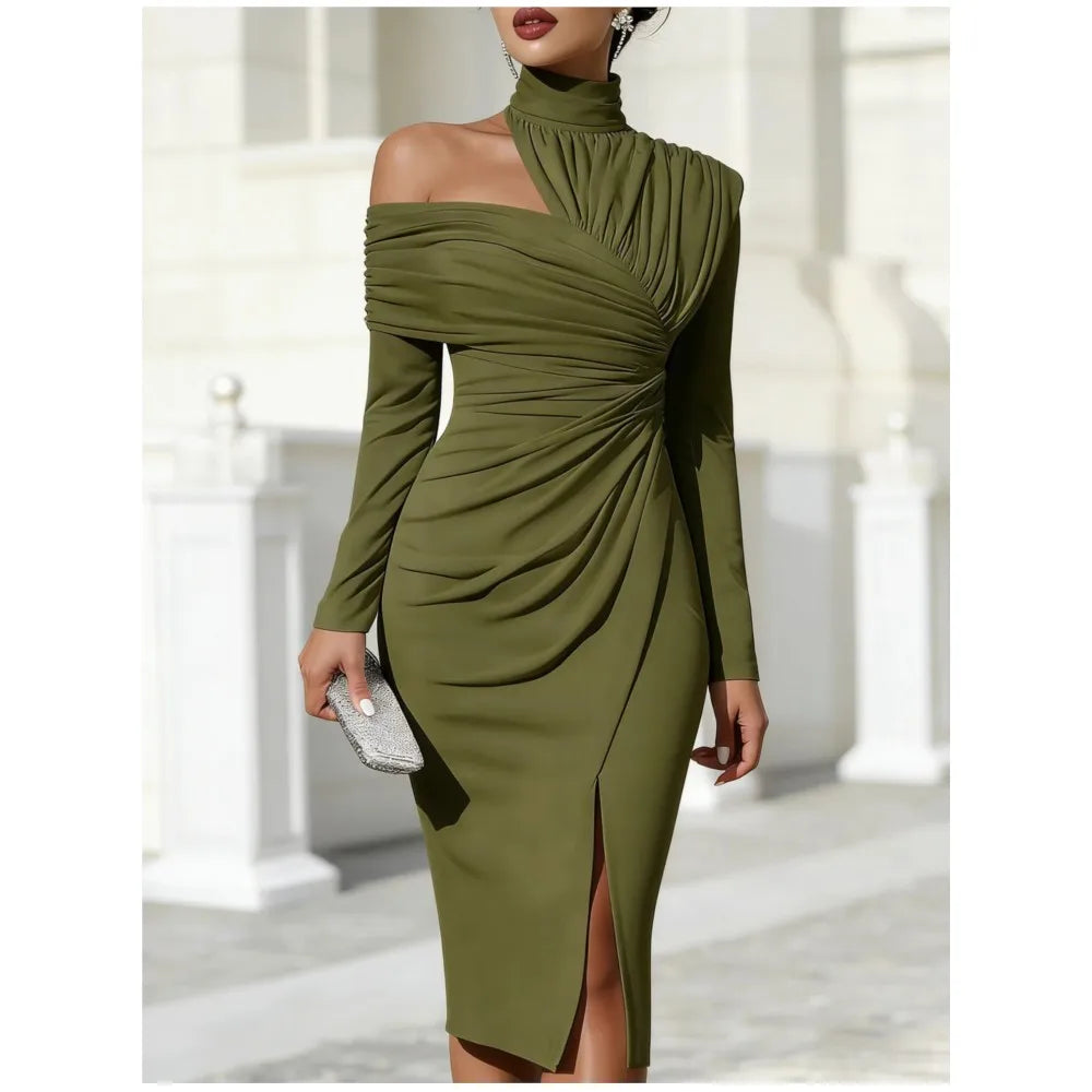 Sexy Off-shoulder Half-high Collar Long-sleeved Women's Hip-covering Banquet Dress Fashion Pleated Slimel Egant Female SlitDress - Kimlud