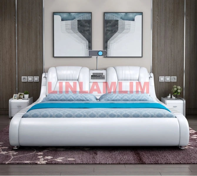 BJ Genuine Leather Bed Multifunctional Beds Ultimate Massage Camas With Bluetooth,Speaker,Safe,Air Cleaner, Projector,Drawers