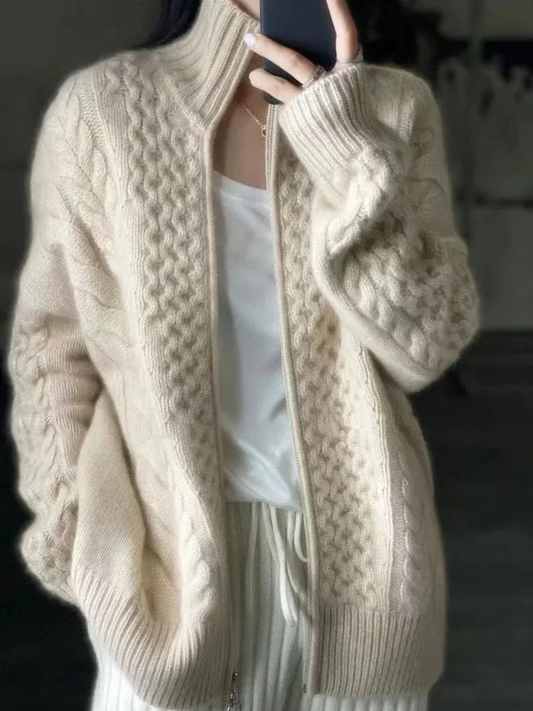 Autumn And Winter New Thick Turtleneck  Knitted Cardigan Women's Loose Wool Sweater Cardigan Larg Size Female Jacket Top