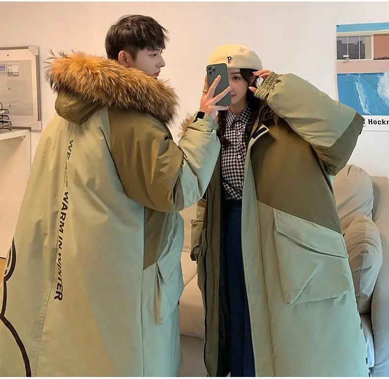 Men's Parkas Hooded Down Jacket Couple Mid-length Over-the-knee Loose Animal Fur Collar Jackets Zipper Pockets Thick Tops Coat