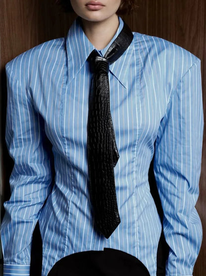 DFDG Women 2026 Spring Summer Striped Blouse Pointed Collar Long Sleeve Ruched Waist Asymmetrical Hem Elegant Office Shirt - Kimlud