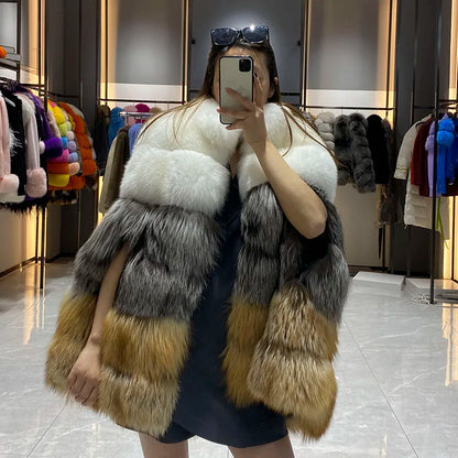 JANEFUR Women's Winter Warm Cloak True Fox Fur Cloak Six-section Stand-up Collar Fox Poncho Winter Female Cape