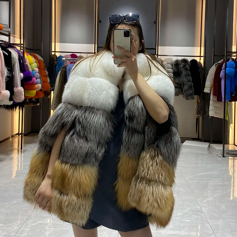 JANEFUR Women's Winter Warm Cloak True Fox Fur Cloak Six-section Stand-up Collar Fox Poncho Winter Female Cape