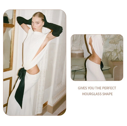 VC Stylish Chic White Halter Sleeveless Backless Cutout with Bow Detail Maxi Dress Evening Gown