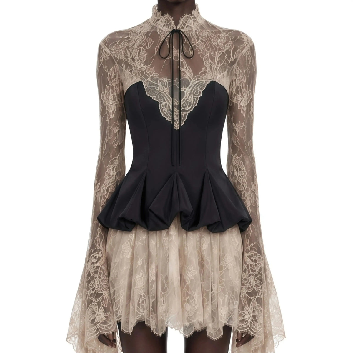 Black Lace Long Sleeve Mini Evening Dress High Neck Corset Party Dress Luxury Formal Wear Women