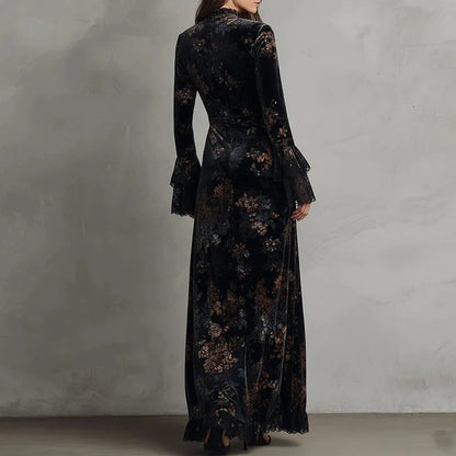 Retro New Floral Print Velvet Long Dresses Woman Sexy O Neck High Waist Evening Dress Autumn Long Sleeve Spliced Lace...