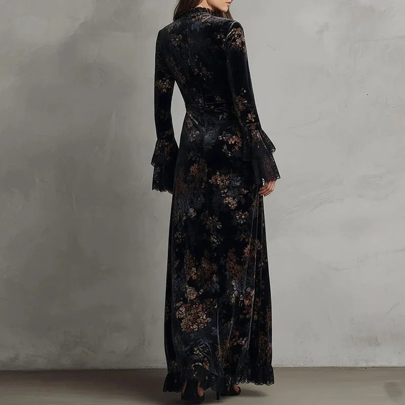 Retro New Floral Print Velvet Long Dresses Woman Sexy O Neck High Waist Evening Dress Autumn Long Sleeve Spliced Lace...