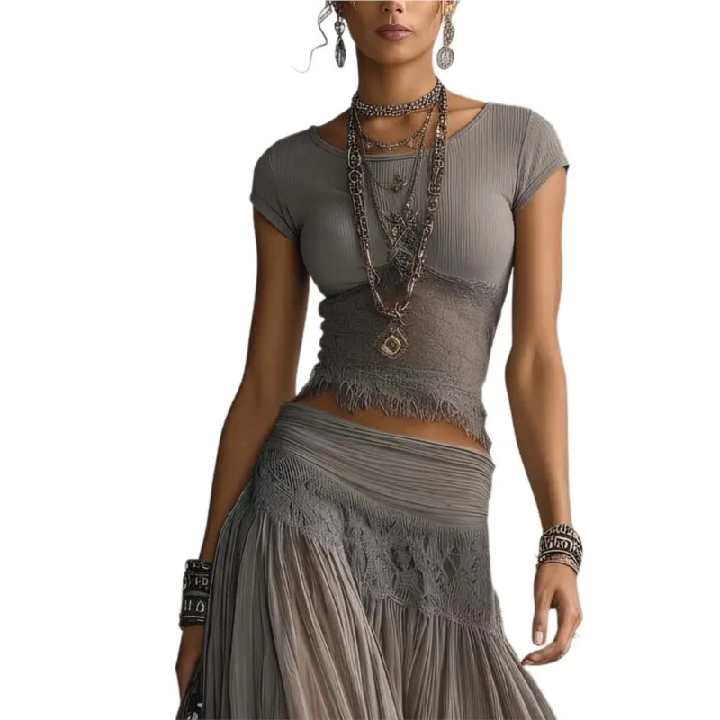 Chic Women Maxi Dress 2 Pieces Sets Solid Slim Fit Short Sleeved Top with Lace Splice Drawstring Elasticity High Waisted Skirt