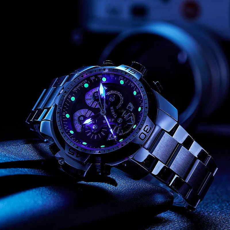 Reef Tiger Men's 46mm Automatic Mechanical Watch with Luminous Hands/Markers, Sapphire Crystal, and Year/Month/Day/Date Display