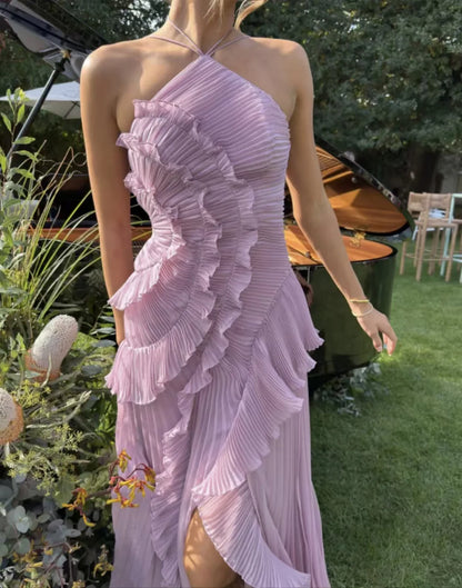 Chic Pleated Halter Long Dress Women High Quality Strapless Backless Ruffles Lotus Edge Maxi Dress 2025 Nw Lady Vacation Gowns
