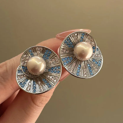 Light Luxury Personalized Elegant Blue Crystal Flower Stud Earrings For Women Fashion Simple Geometry Jewelry Party...