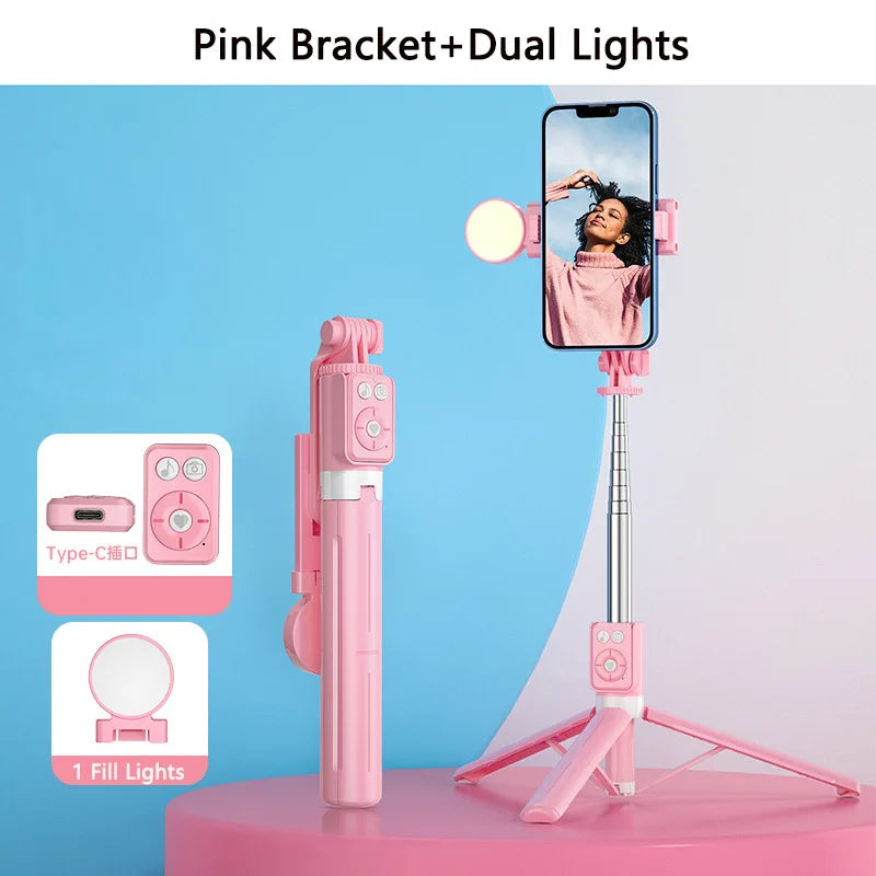 Bluetooth Wireless Selfie Stick Portable Dual Fill Light with Tripod Telescoping Bracket for iPhone Xiaomi Makeup Live Streaming
