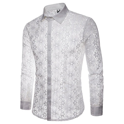2026 Men's Lace Flowers Embroidery Long Sleeve Shirt Fashion Transparent Sexy Dress Shirts Male See Trough Club Party Tops - Kimlud