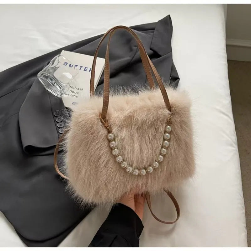 Fairy Handbag Pearl Chain Plush Small Square Bag For Women Fashion Elegant Shoulder Crossbody Bag Autumn Winter Versatile Totes