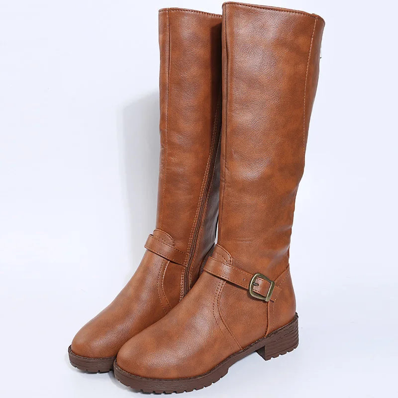 2025 New Women's Spring/Autumn Leather Boots-Knee-High Riding Boots with Zip Low Heel Perfect for Daily Commute& Weekend Outings
