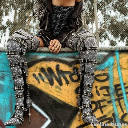 Luxury Crystal Buckles Over The Knee Boots Women Bling Rivets Pointed Toe Iron Heels Long Boots 2025 Fashion Party Catwalk Boots