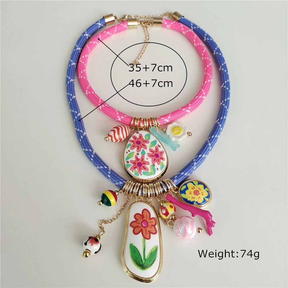 Colorful Dopamine Pink Blue Cord Choker Necklace Women Indian Boho Ethnic Statement Enamel Flower Pendant Necklace lady...