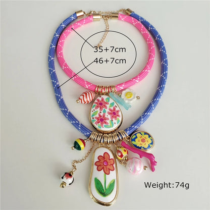 Colorful Dopamine Pink Blue Cord Choker Necklace Women Indian Boho Ethnic Statement Enamel Flower Pendant Necklace lady...