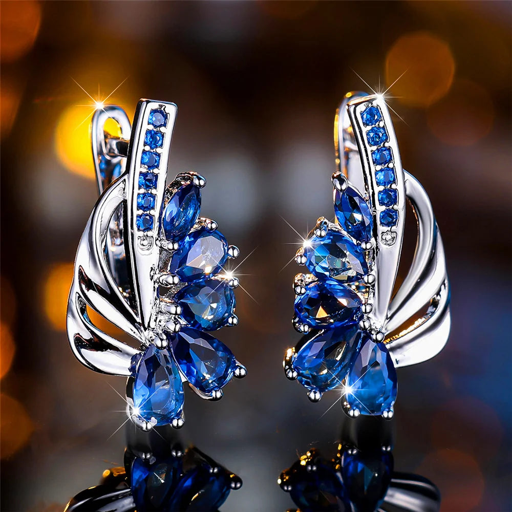 Luxury Female Blue Green Clip Earrings Charm Gold Color Trendy Zircon Stone Wedding Jewelry For Women | Kimlud Luxury Jewelry