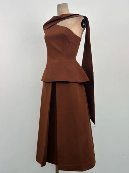Eshin Luxury Brown Two-Piece Set Women Elegant One-Shoulder Peplum Top And High-Waisted Maxi Skirt With Sash Dubai SA1471 - Kimlud