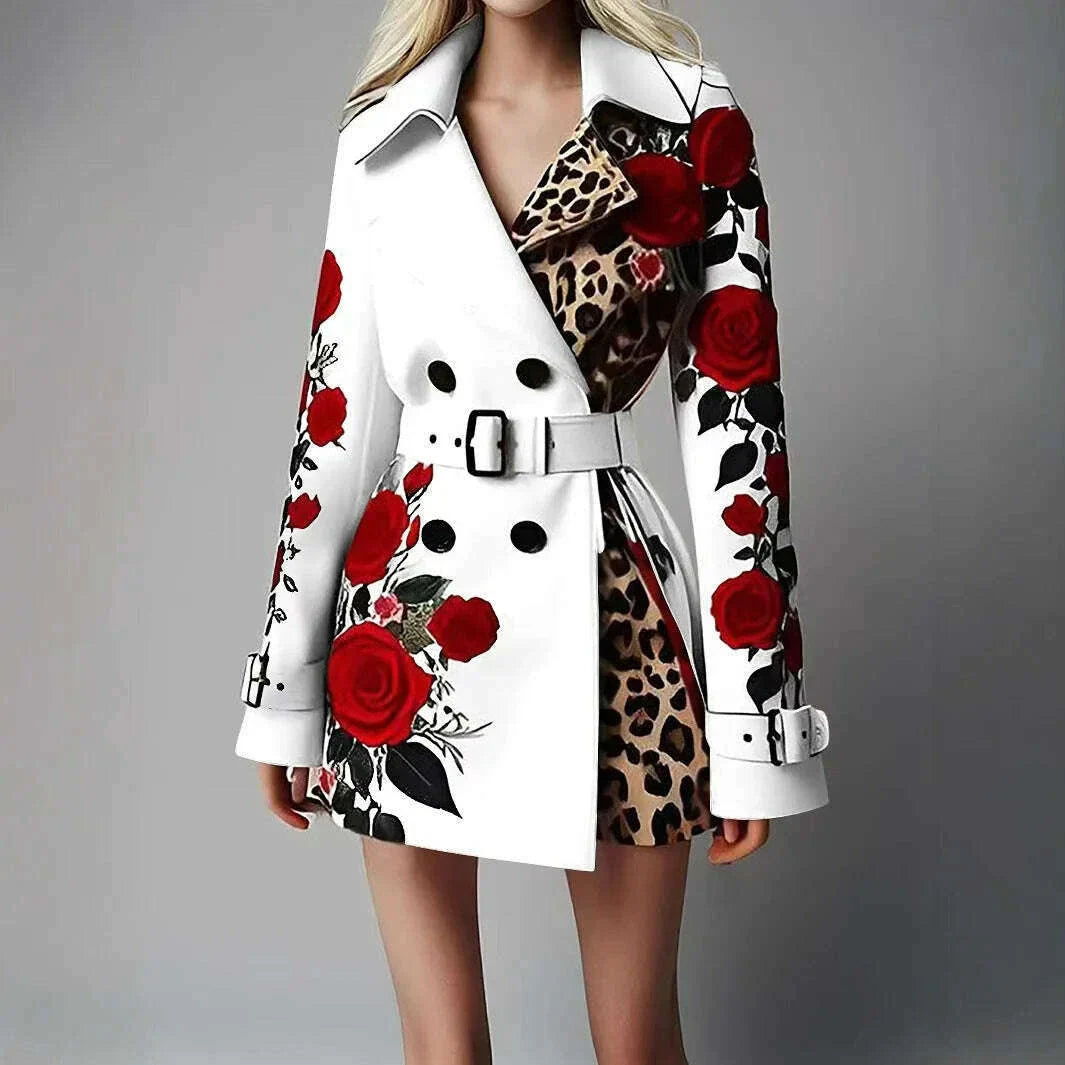 New Women's Spring Rose Leopard Print Suits Spring Office Elegant Slim Long Sleeve Coats Clothing With Belt For Women 2025 White