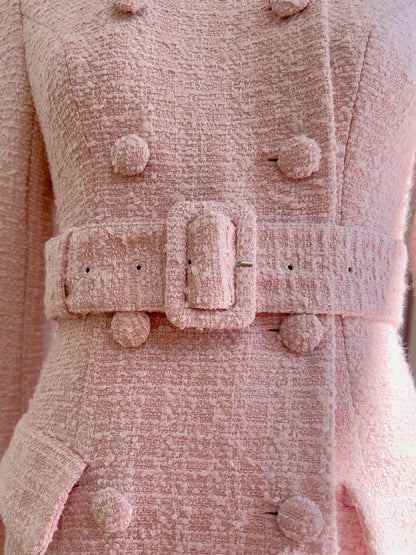 IEQJ Fashion Autumn Pink Woolen Coat Women Turn-Down Collar Double Breasted Sashes Tighten Waist Slim Blends Coat New