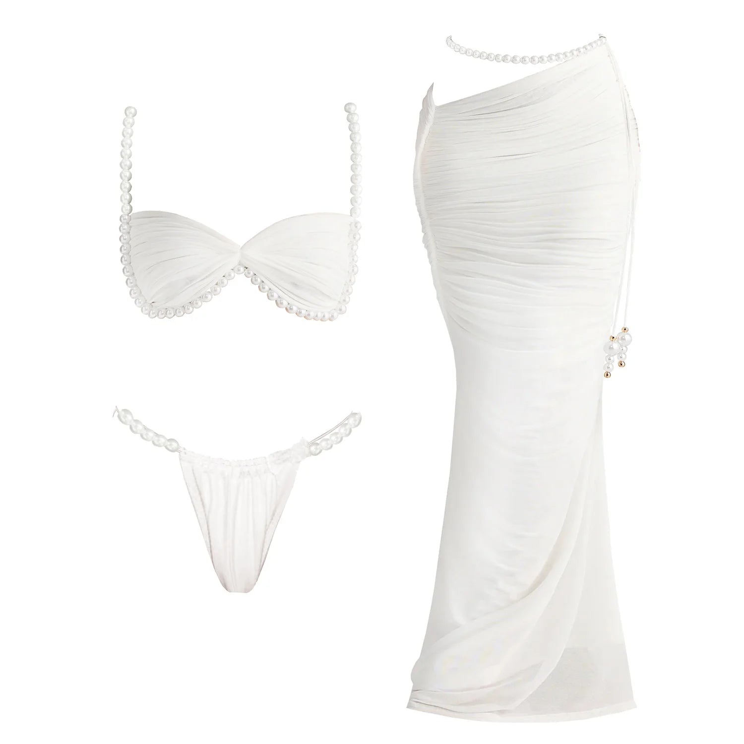 Pearl 3Pcs Bikini Set 2025 Bandeau Biquini Women Sexy Swimsuit Push Up Swimwear Female Mesh Skirt White Bathing Suit Beachwear - Kimlud