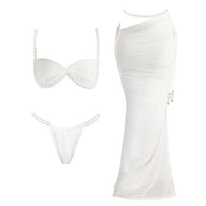 Pearl 3Pcs Bikini Set 2025 Bandeau Biquini Women Sexy Swimsuit Push Up Swimwear Female Mesh Skirt White Bathing Suit Beachwear - Kimlud