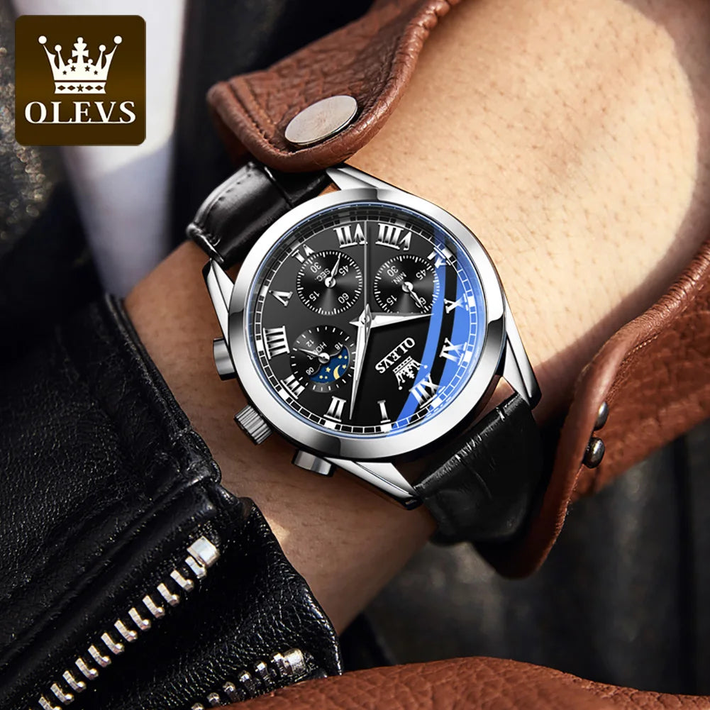 OLEVS 2871 Men Watch Original Brand Quartz Watch Multifunctional Chronograph Watch For Man Waterproof Luminous Moon Phase Watch - Kimlud