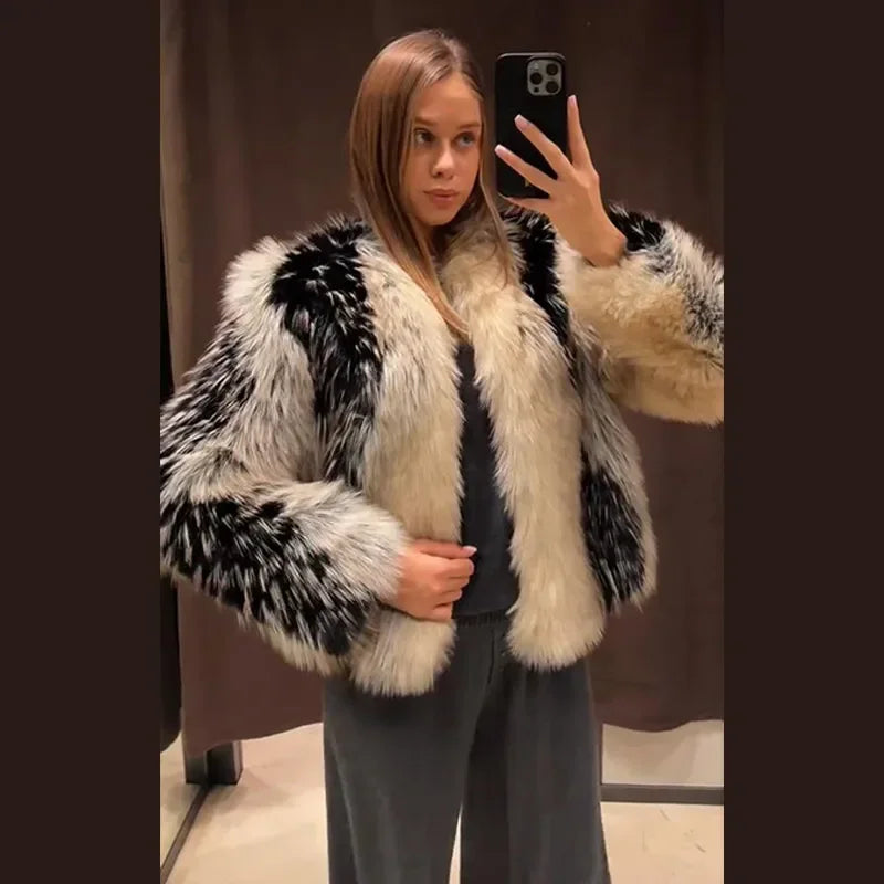 Stylish Contrast Faux Fur Women Coat Elegant O-neck Single Breasted Full Sleeve Female Coats 2025 Winter Chic Lady Jacket