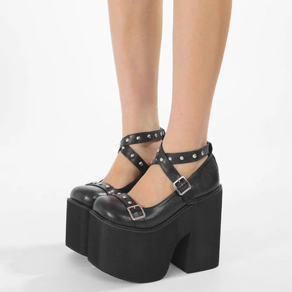 Gdgydh Punk Style Black Rivet Buckle High Heels Shoes for Women Trendy Gothic Waterproof Platform Shoes Belt Buckle...