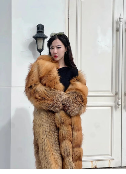 European and American big brand light luxury rare red fox fox fur coat women's long aura high-end catwalk young style winter