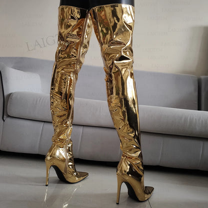 LAIGZEM Women Thigh High Boots Pointed Toe Zip Up Stiletto High Heels Over Knee Boots Ladies Shoes Woman Big Size 39 41 43 45 47