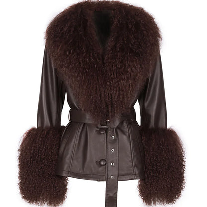 YOLOAgain Women's Real Fox Fur Collar Sheepskin Leather Jacket Coat Autumn 2024
