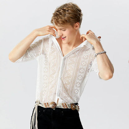2023 Fashion Men Shirt Mesh Lace Transparent Streetwear Lapel Short Sleeve Button Camisas Party Sexy Men Clothing S-5XL...