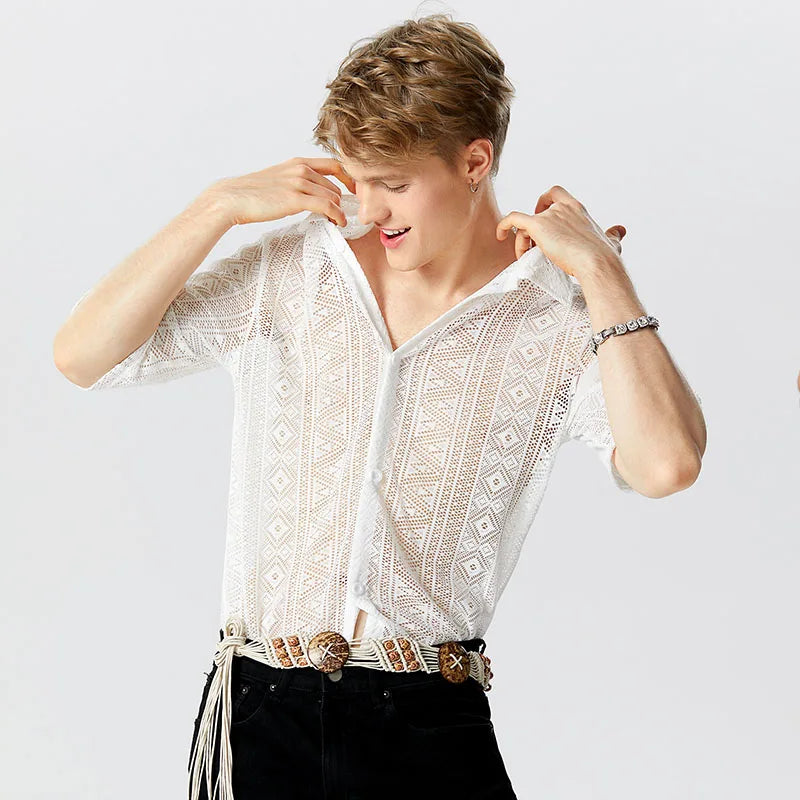 2023 Fashion Men Shirt Mesh Lace Transparent Streetwear Lapel Short Sleeve Button Camisas Party Sexy Men Clothing S-5XL...