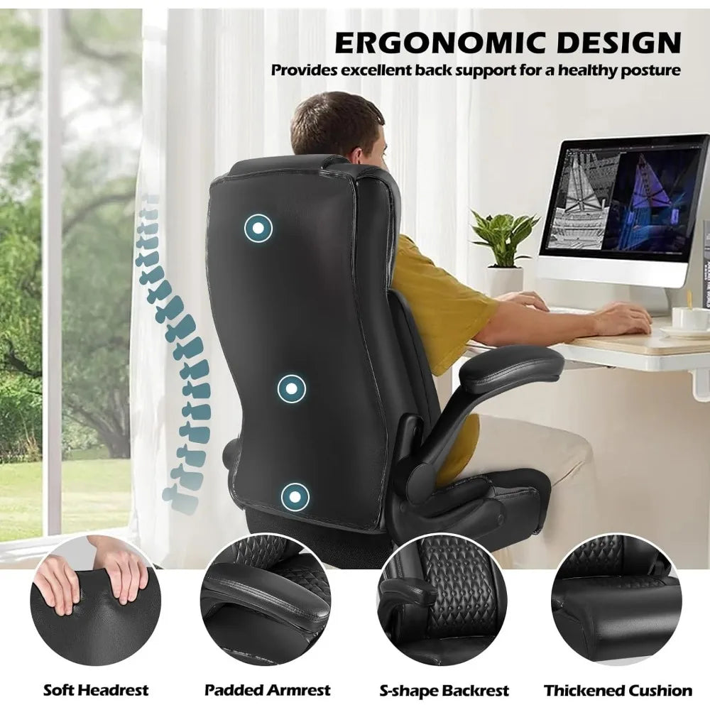 High Back Executive Office Chair for Adult, Big and Tall Leather Home Desk Chairs with Padded Flip-up Arms, Swivel Rolli