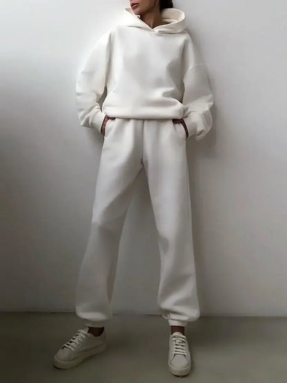 Women's Tracksuit Casual Solid Long Sleeve Hooded Sport Suits Autumn Warm Hoodie Sweatshirts and Long Pant Fleece Two Piece Sets