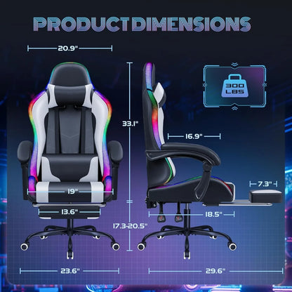 Furmax Gaming Chair with RGB LED Lights, Massage Lumbar Support & Footrest, Reclining High Back Computer Gamer Chair (White)