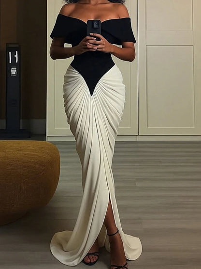 ibber Contrast Patchwork Long Dress Woman Off Shoulder Backless Skinny High Waist Midnight Club Party Ruched Elegant Clothing