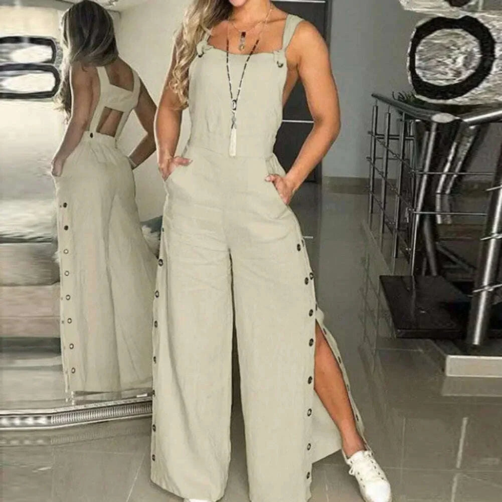 Women's Sleeveless Wide Leg Jumpsuit with Side Pockets And Button Closure Solid Color Loose Straight-Leg Romper for Women