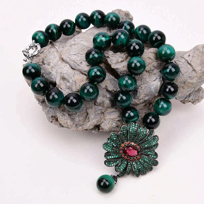 G-G 18" Natural Round Green Tiger Eye Necklace CZ Pave Flower Crystal Pendant Lady Party Gifts
