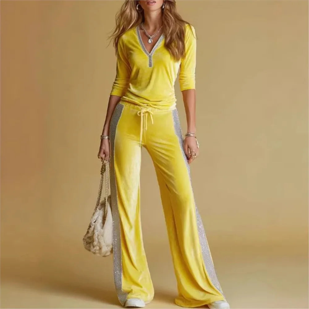 Spring Autumn Women's Fashion Velvet Pants 2-Piece Set Spliced V Neck Long Sleeve Elastic Waist Tie Casual Sports Pants Suit - Kimlud