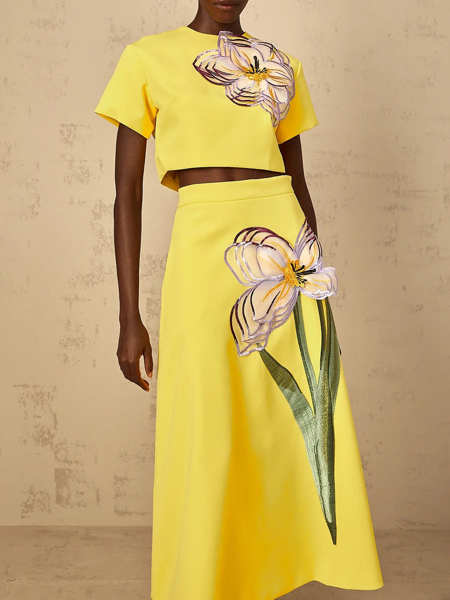 VGH Spliced Appliques Two Piece Set for Women O Neck Short Sleeve Top High Waist A Line Temperament Skirt Outfits Female Fashion