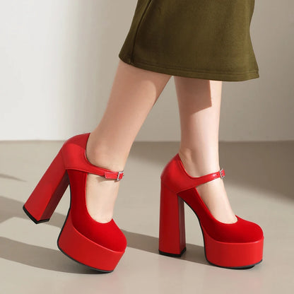 2024 Matte Flock Splice PU Shallow Mouth Hollow Breathable Waterproof Platform Ultra High Thick Heel Ankle Buckle Women's Pumps