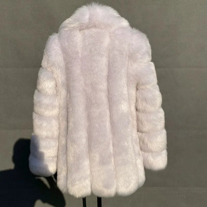 2025 Winter Women's Mid-Length Faux Fox Fur Coat Plush Luxe Warm faux fur Trench Elegant Thermal Outerwear Faux Fur Tops