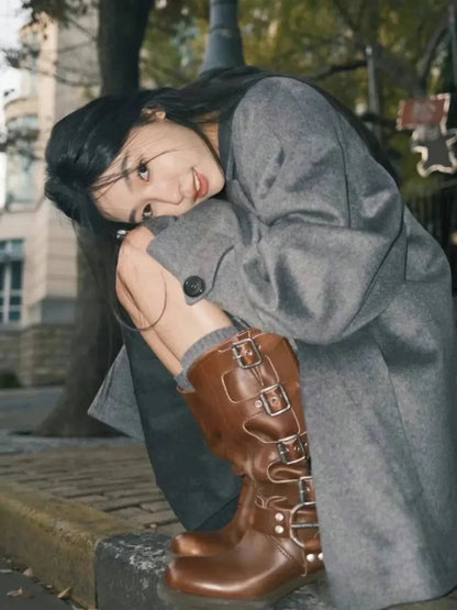 2025 Genuine Leather Platform Rivet Motorcycle boots Round toe Belt buckle Block heel mid wide calf Western boots