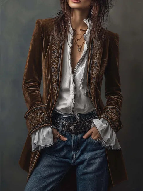 Long Sleeve Women's Outercoat Causal Autumn Winter Elegant Patchwork Velvet Slim Coat Vintage Pattern Print Cardigan Jackets